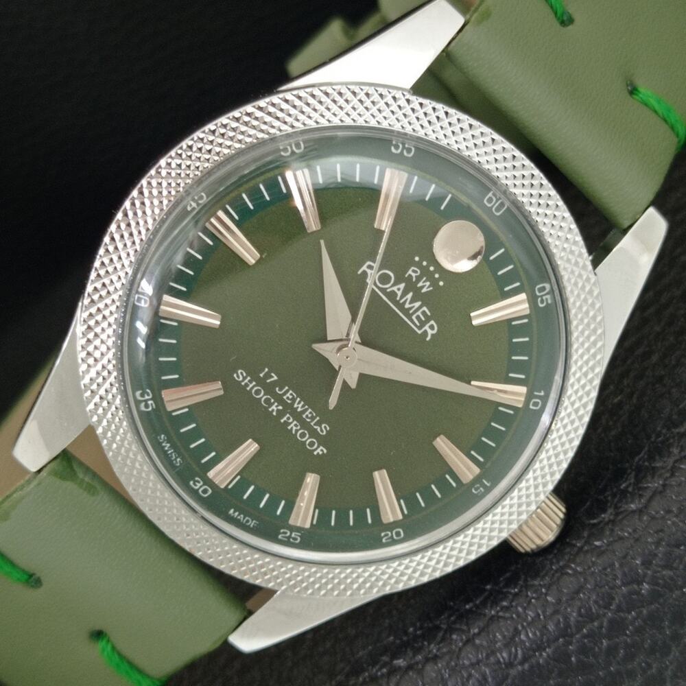 Vintage 1970 Roamer Manual Mens Silver Watch W/Leather Strap & Green accents - Picture 1 of 9